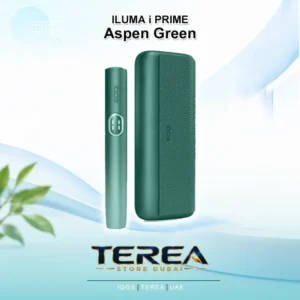 Flagship IQOS ILUMA i PRIME device and fabric wrap pocket charger in elegant Aspen Green.