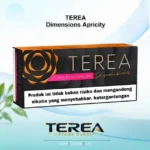 TEREA Dimensions Apricity Indonesia pack featuring ripe stone fruit aroma and warm woody tobacco for IQOS ILUMA