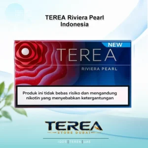TEREA Riviera Pearl Indonesia pack featuring juicy summer peach aroma and crisp click capsule for IQOS ILUMA