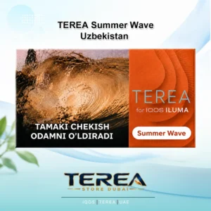 TEREA Summer Wave Uzbekistan pack featuring juicy summer peach aroma blended with refreshing cooling menthol for IQOS ILUMA